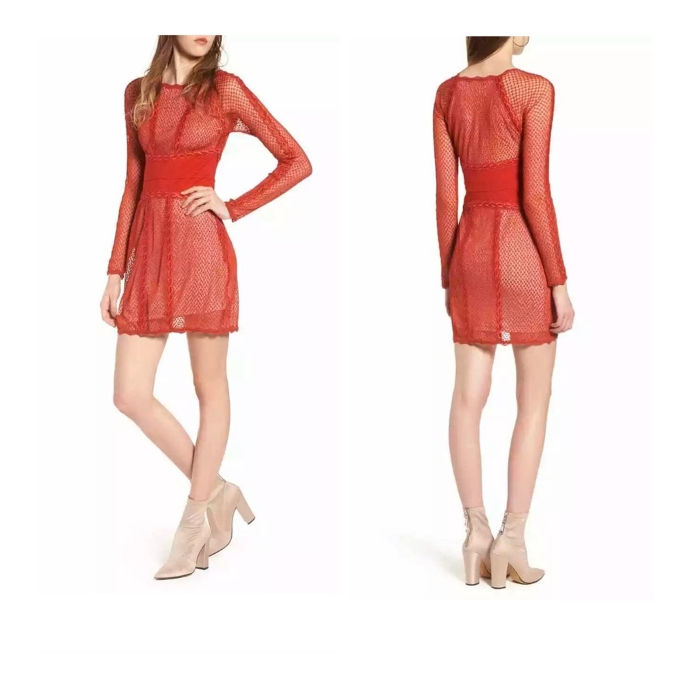 Free People Mixed Mesh Lace Mini Ted  Bodycon Dress Size XS NWT